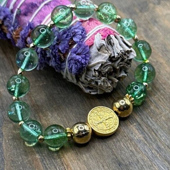 Saint Benedict Green Quartz gold and silver metallic lava rock beaded bracelet - Picture 1 of 2